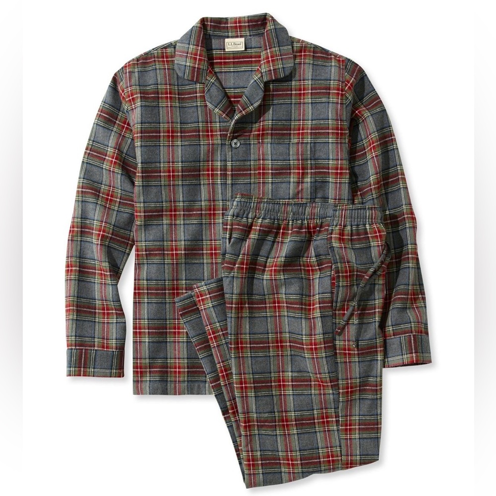 LL Bean Men's L Scotch Plaid Flannel Pajamas Grey Stewart Plaid 500244